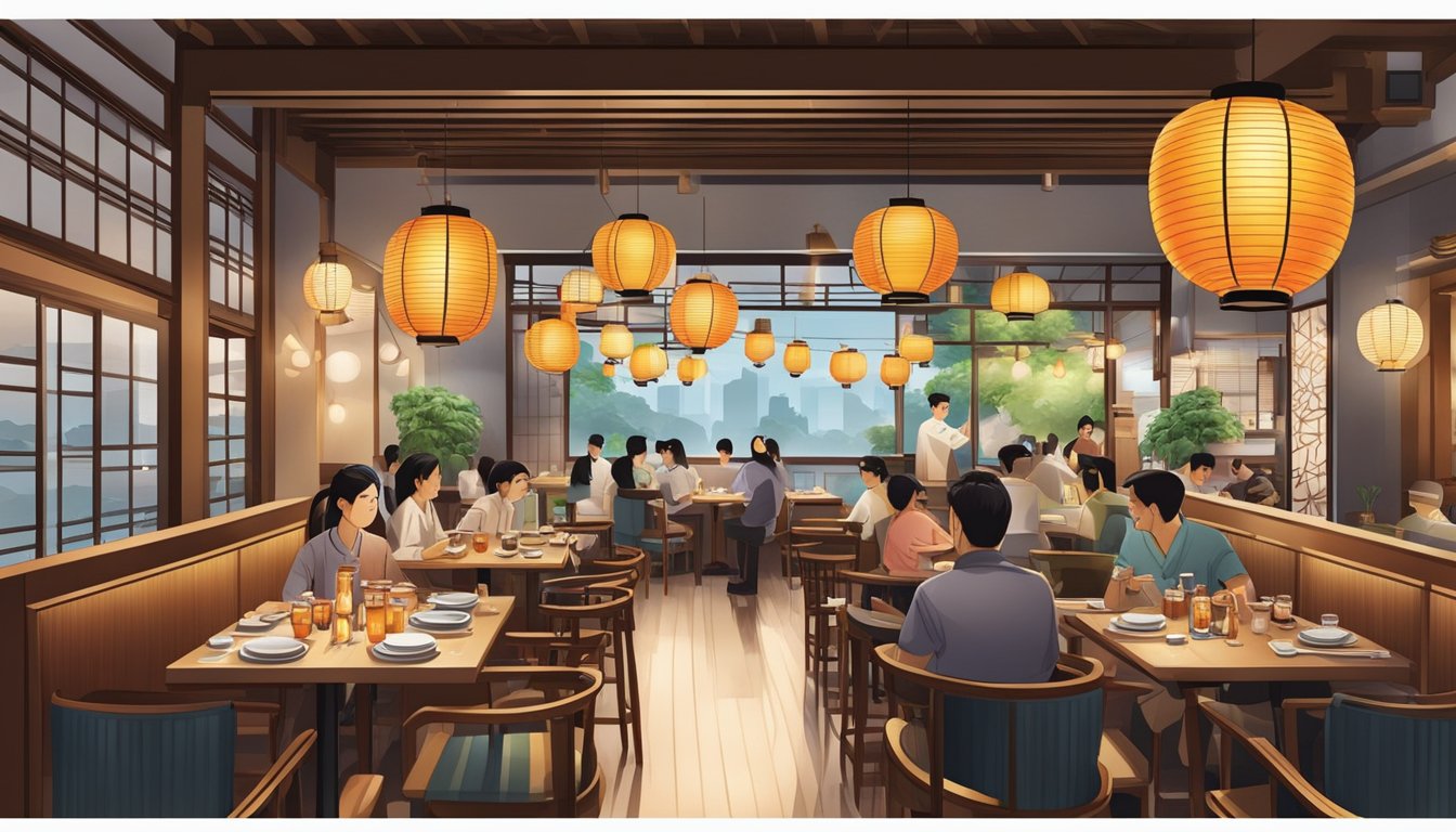 A bustling new Japanese restaurant in Singapore, with traditional lanterns and modern decor, filled with the aroma of sizzling yakitori and the sound of sizzling tempura