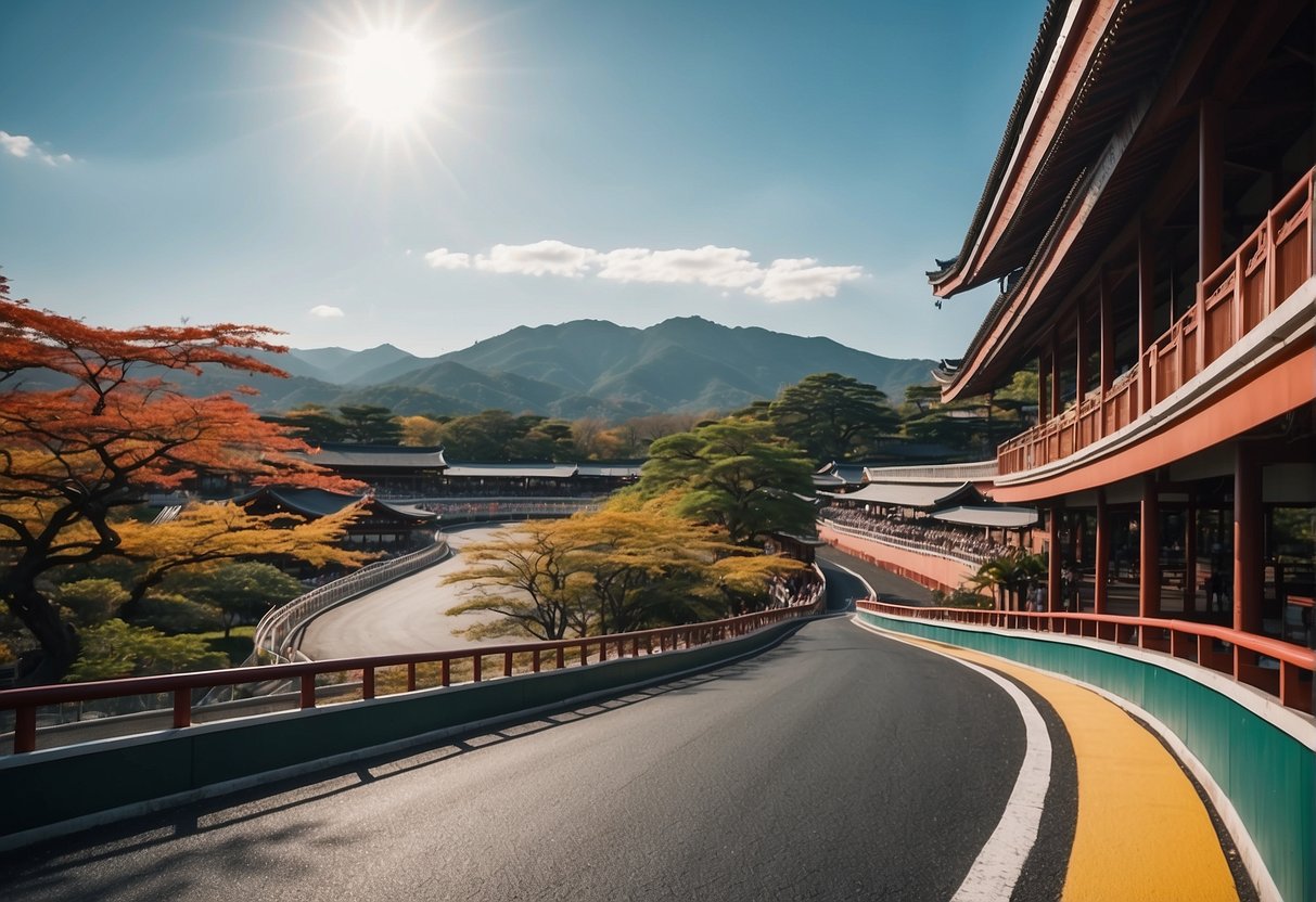 Vibrant Kyoto racetrack with sleek curves and colorful banners