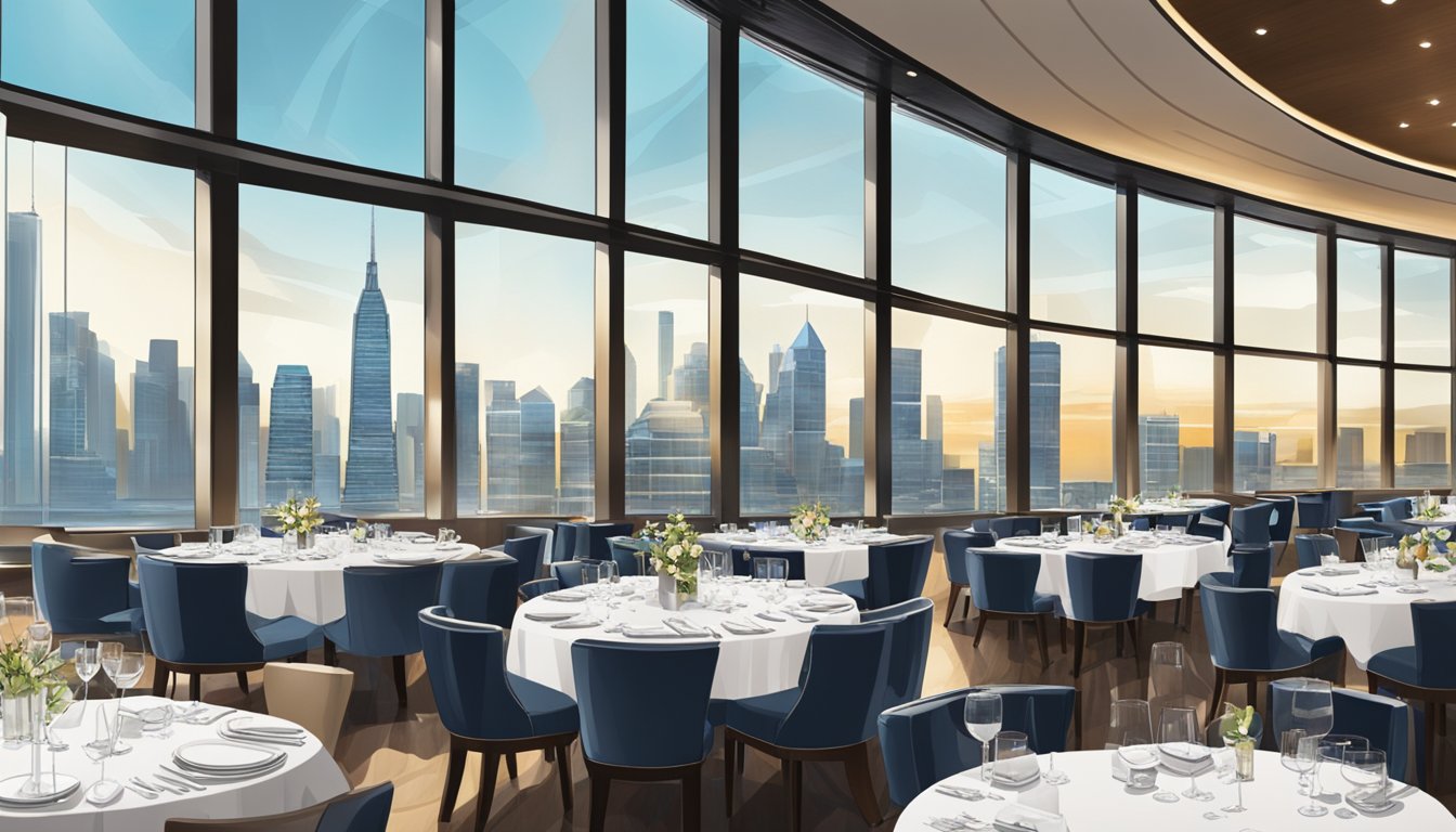 The bustling restaurant at Ocean Financial Centre features a sleek, modern interior with panoramic views of the city skyline. Tables are neatly set with crisp linens and sparkling glassware, while patrons enjoy their meals in the vibrant atmosphere