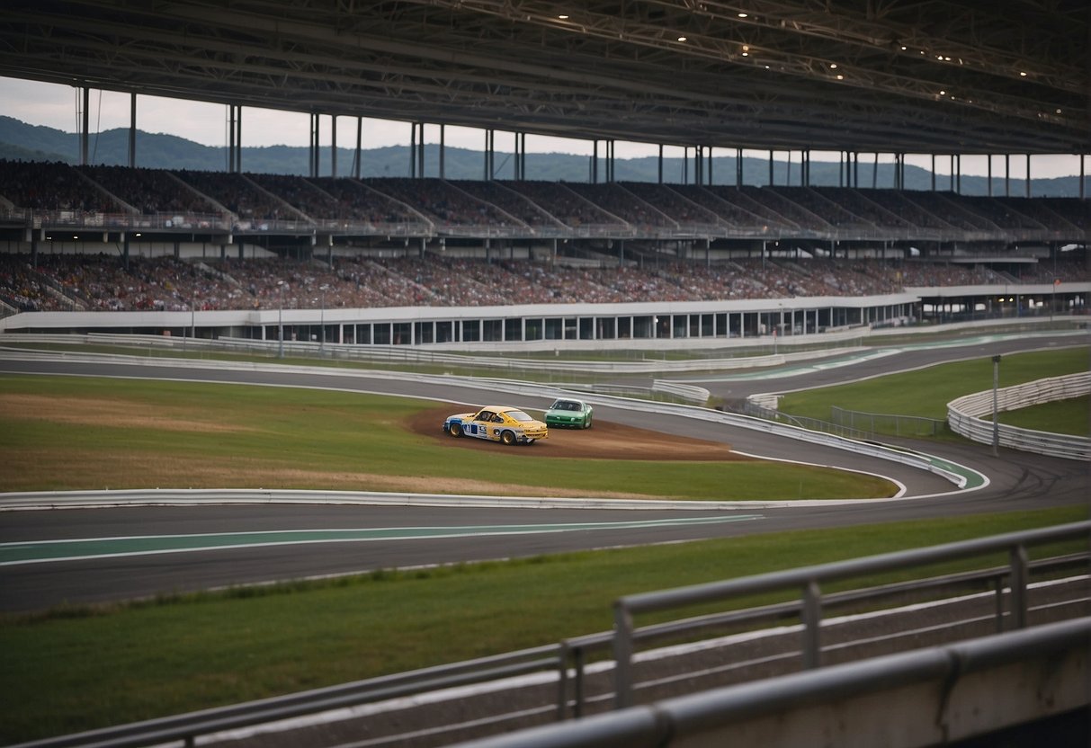 The Kyoto Raceland features a sprawling complex with race tracks, pit stops, grandstands, and modern amenities for spectators and participants