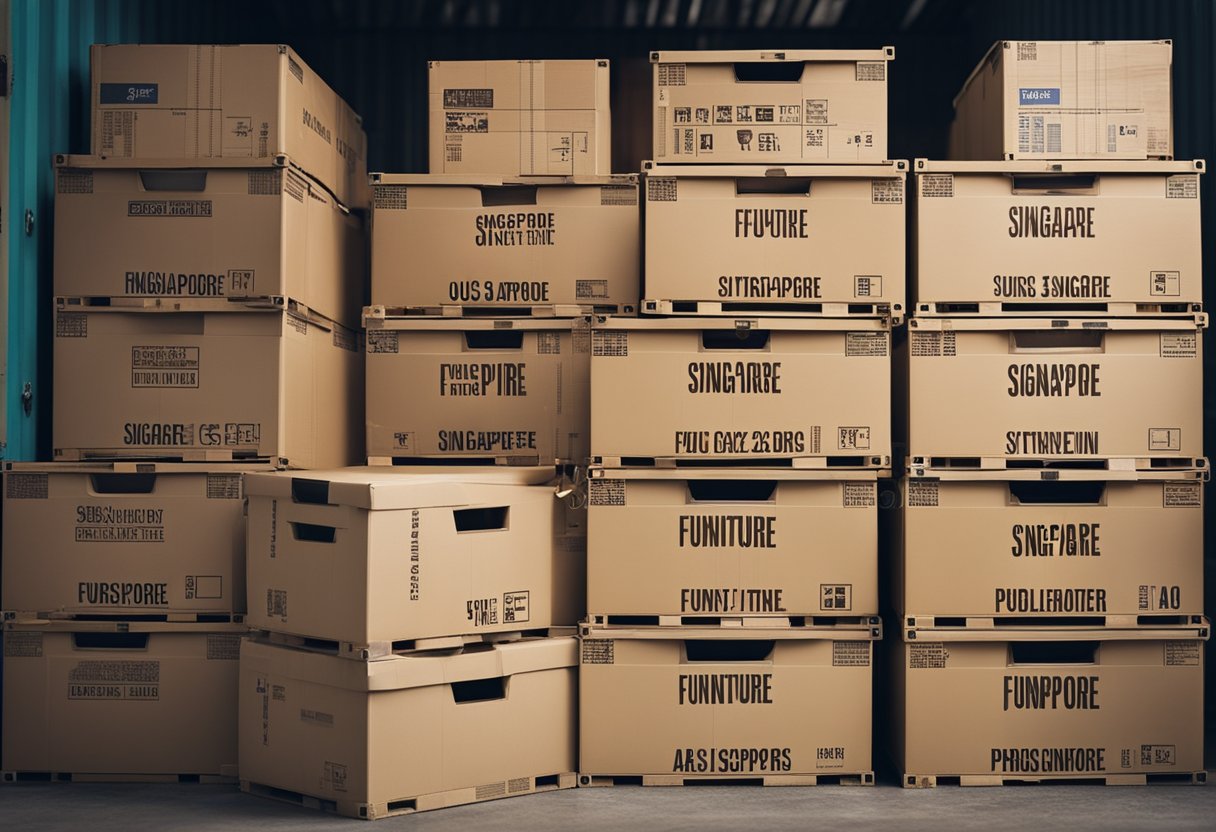 Boxes labeled "Furniture" and "Singapore" stacked in a shipping container. A map of the US and Singapore on a nearby table
