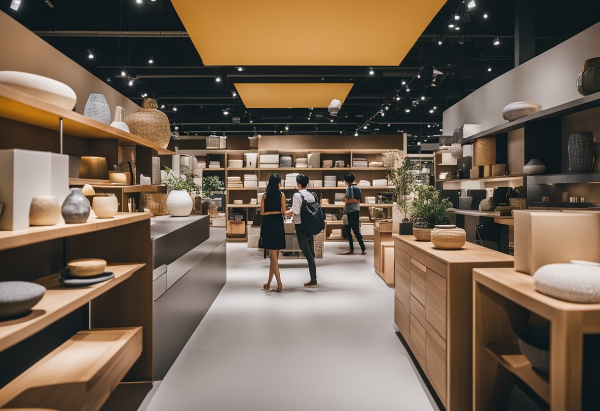 Customers browsing through aisles of modern furniture, colorful decor, and stylish home accessories at Big Box Furniture Stores in Singapore