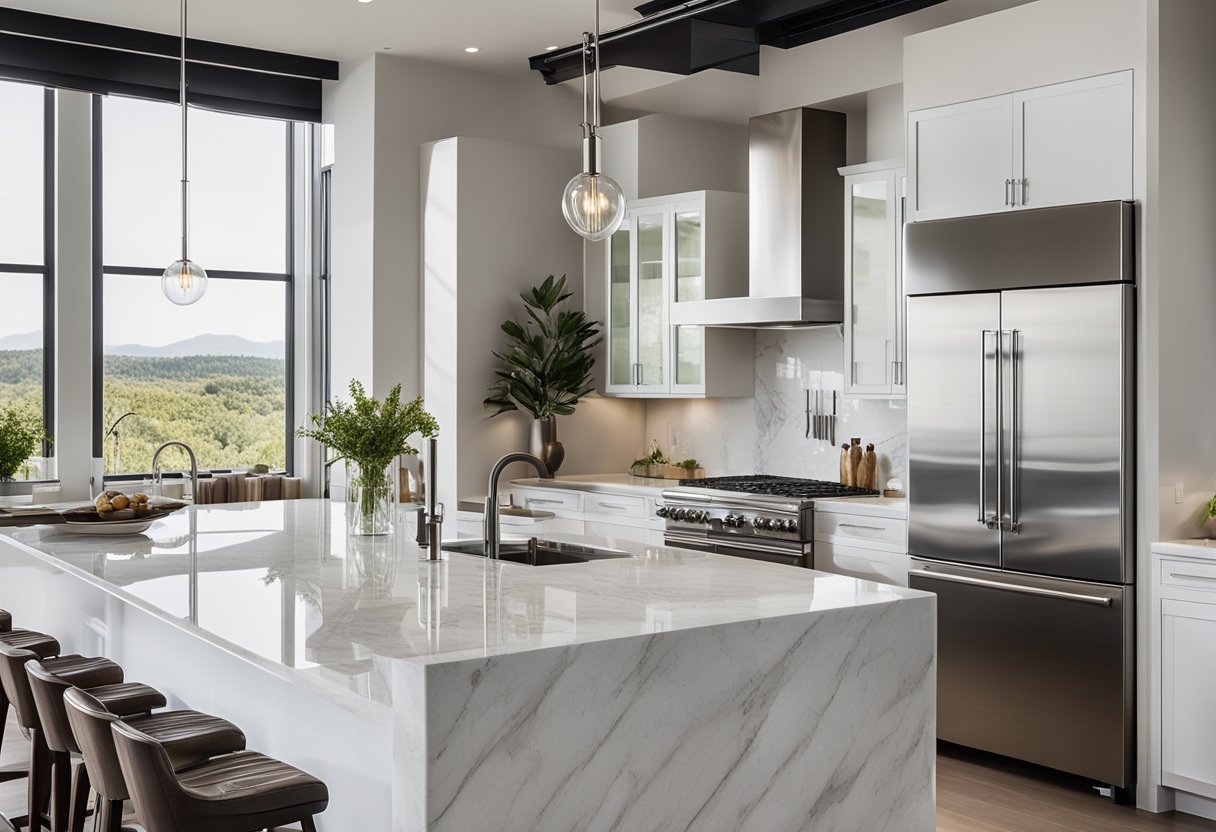 Sleek, stainless steel appliances line the expansive, marble-topped island in the open-concept kitchen. Floor-to-ceiling windows flood the space with natural light, showcasing the minimalist, high-end design