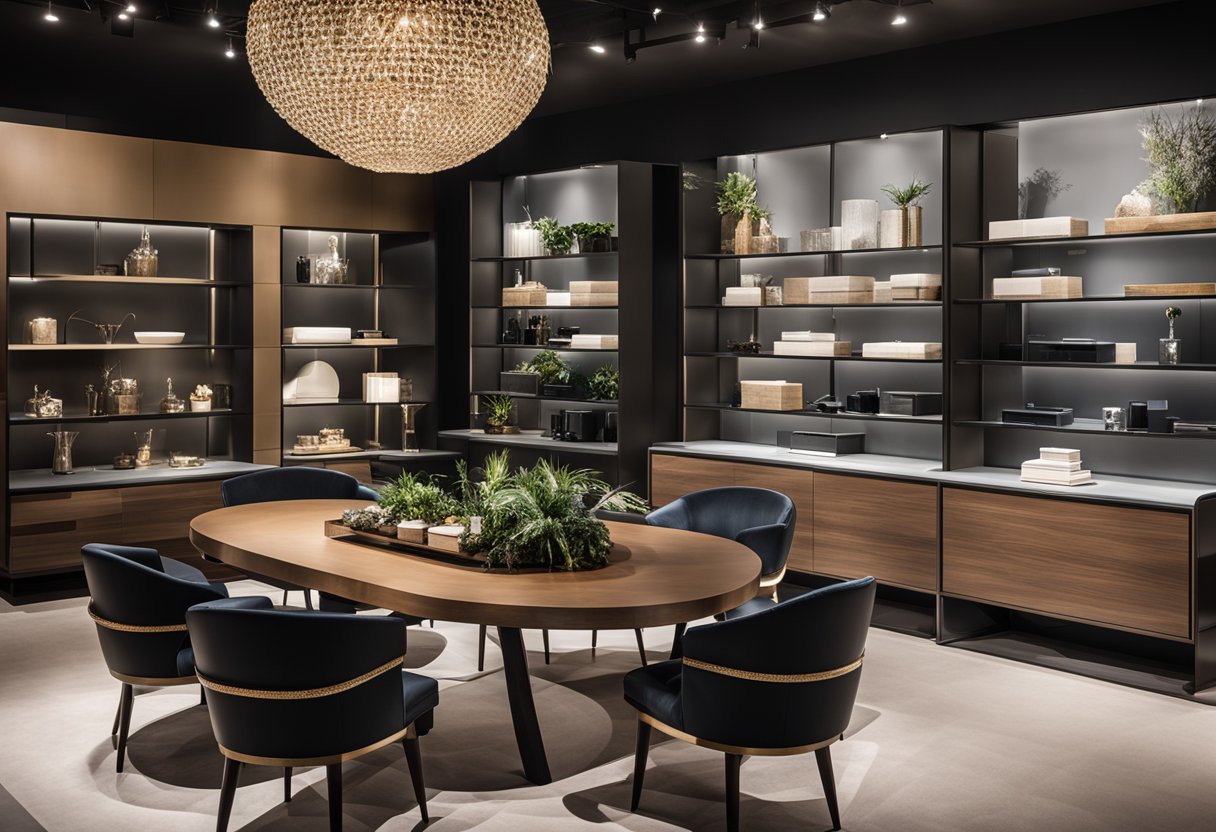 A luxurious showroom with elegant Da Vinci furniture displayed in a modern setting with soft lighting and sleek design elements