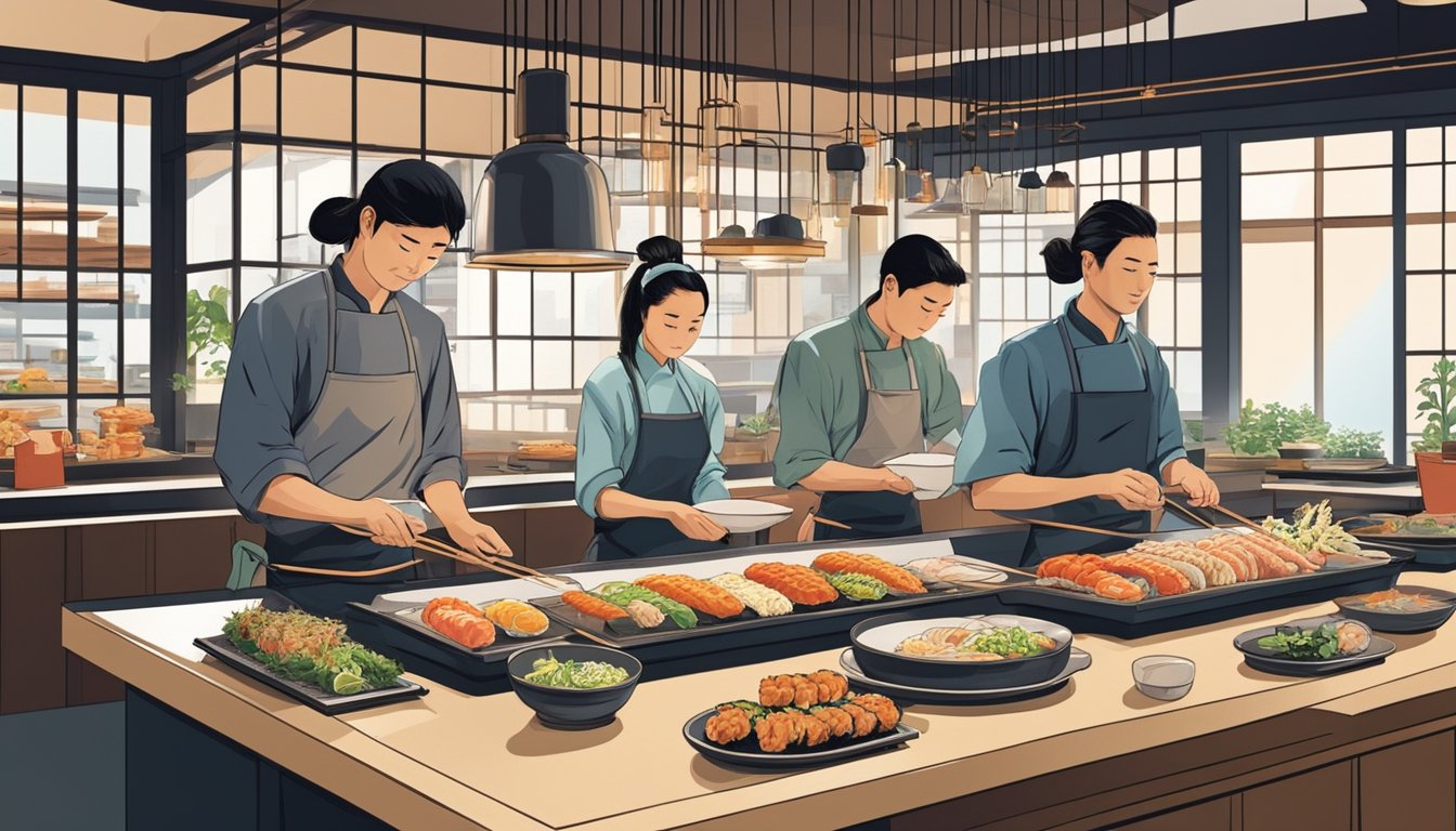 Customers savoring sushi, ramen, and tempura in a modern Japanese restaurant in Singapore. The chef skillfully prepares dishes in an open kitchen