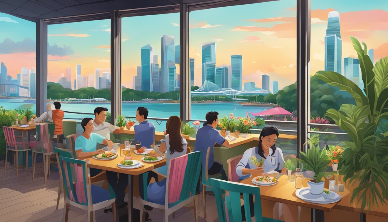 A bustling restaurant with lush tropical decor, vibrant colors, and a view of the Singapore skyline