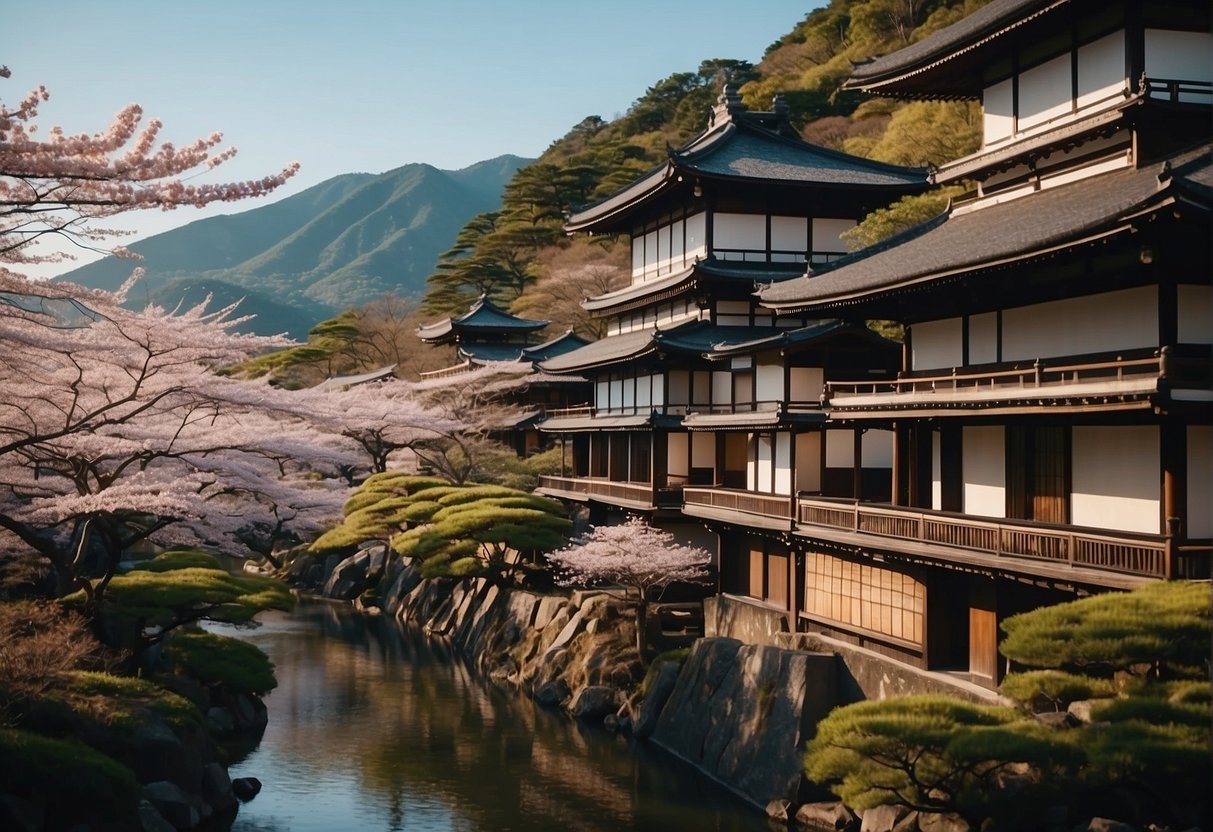 A row of elegant 5-star hotels in Kyoto, with traditional Japanese architecture and lush gardens, set against a backdrop of serene mountains and cherry blossom trees