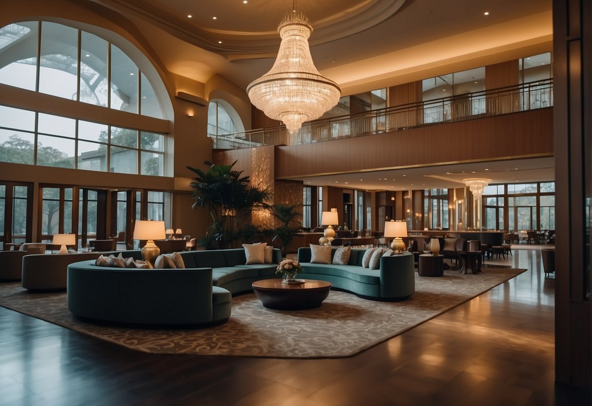 Luxury hotel lobby with grand chandeliers, plush seating, and concierge desk. Spa with serene ambiance, massage tables, and jacuzzi. Gourmet restaurant with elegant decor and attentive staff