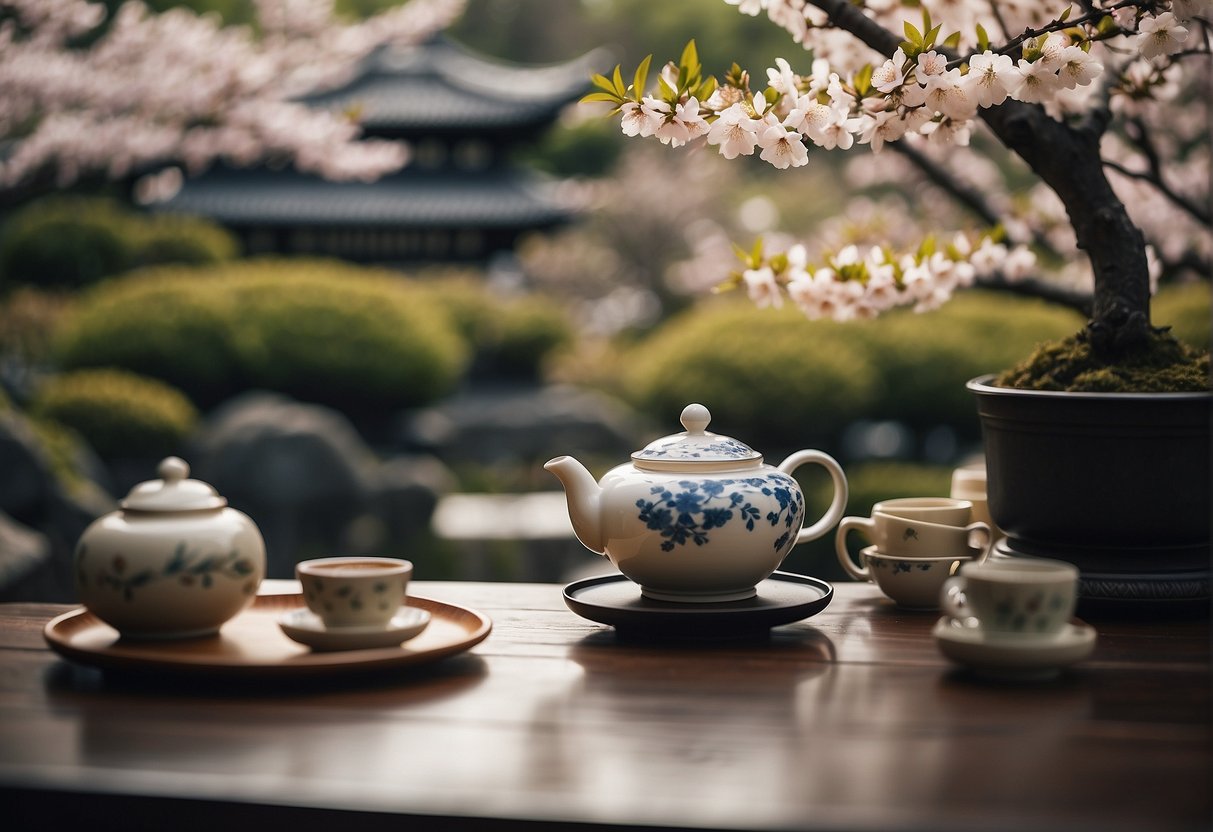 A traditional tea ceremony in a serene garden near a luxurious 5-star hotel in Kyoto. Cherry blossoms bloom as guests experience the rich cultural heritage of Japan