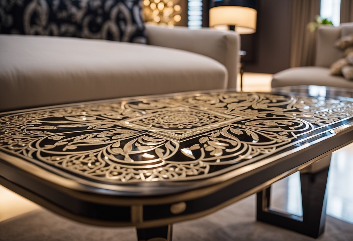 A luxurious bone inlay furniture set in a modern Singaporean living room, with intricate patterns and elegant designs