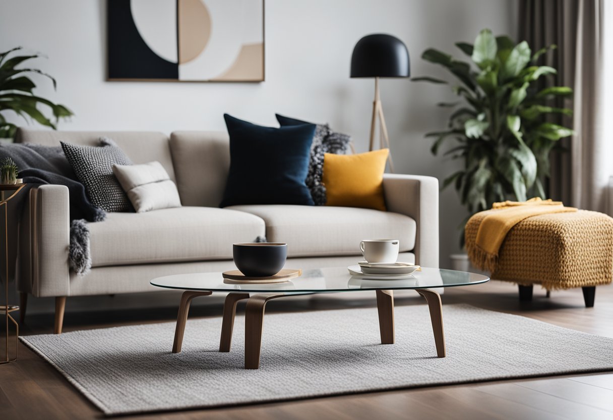 A modern living room with sleek furniture, clean lines, and pops of color. A cozy sofa, a stylish coffee table, and a statement rug tie the room together