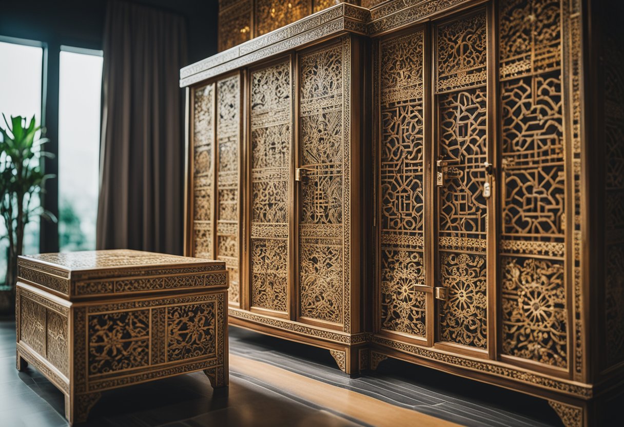 A room in Singapore with intricate bone inlay furniture, featuring delicate patterns and vibrant colors