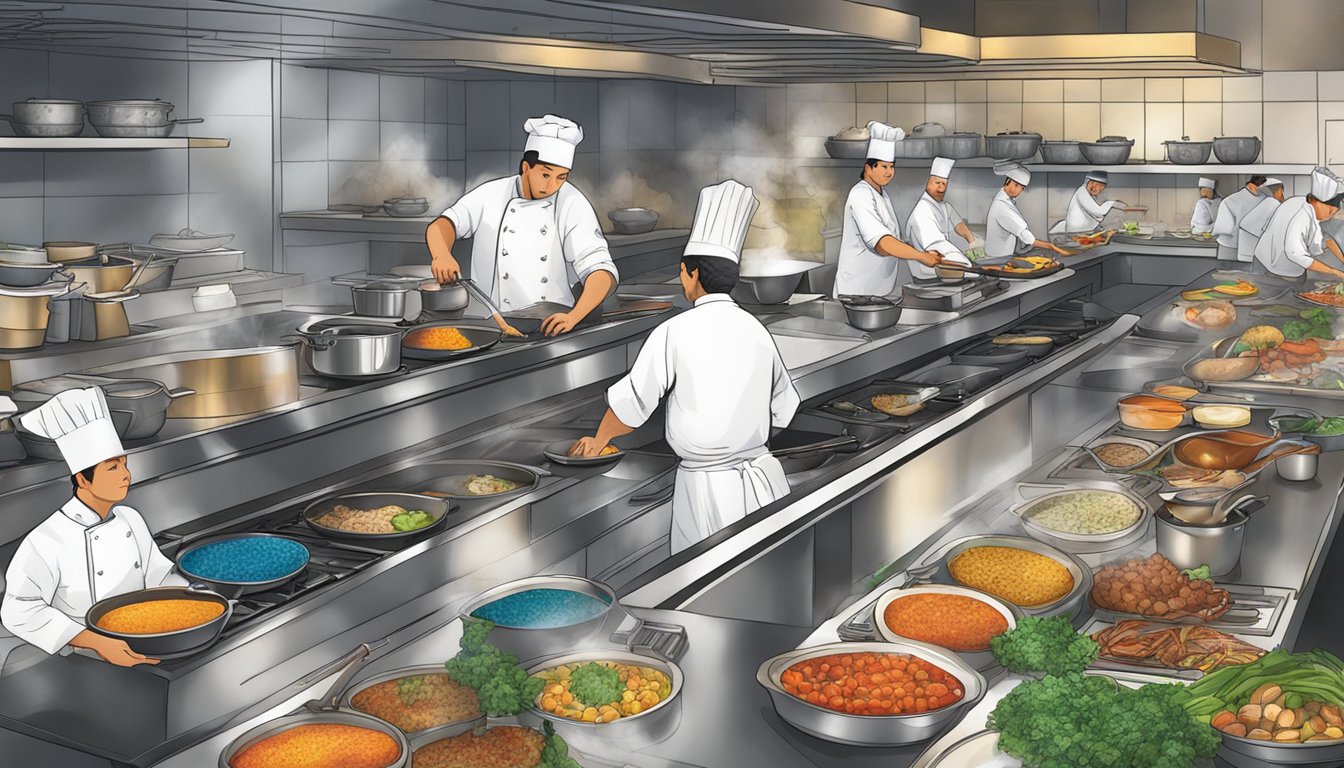 A bustling kitchen at Araya restaurant, with chefs busy at work, sizzling pans, and colorful ingredients being skillfully prepared