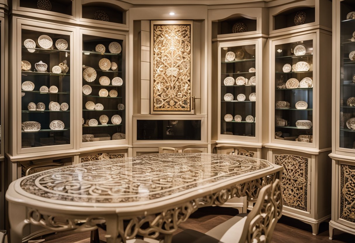A display of elegant bone inlay furniture in a Singaporean showroom. Rich patterns and intricate designs adorn the cabinets, tables, and chairs