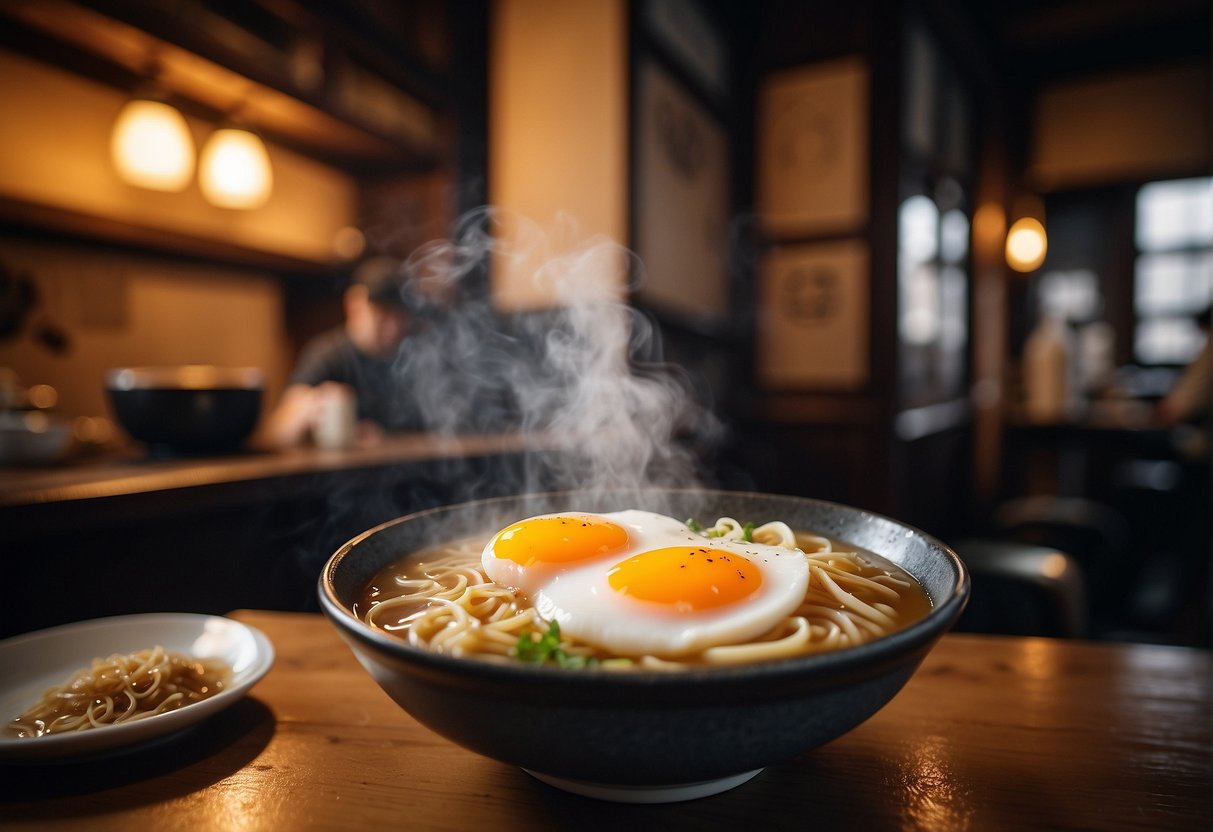 Steam rises from a bowl of rich, golden broth filled with springy noodles and topped with slices of tender chashu pork and a perfectly soft-boiled egg, surrounded by the cozy ambiance of a traditional Kyoto ramen shop