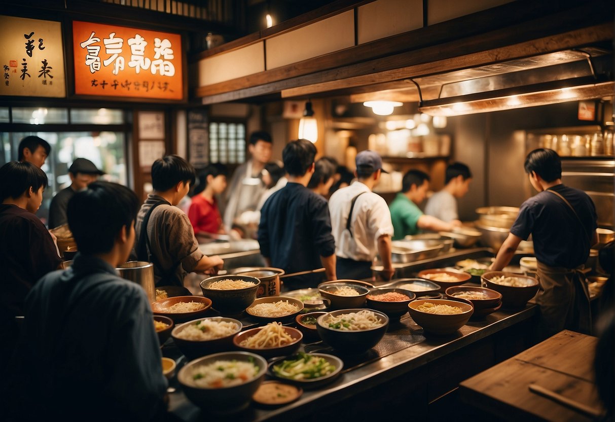 A bustling ramen shop in Kyoto with steaming bowls and colorful toppings, surrounded by eager customers