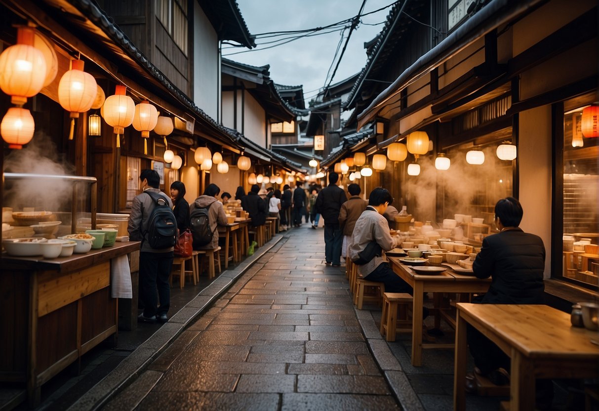 A bustling street in Kyoto, lined with colorful ramen shops. Steam rises from bowls of rich broth, as customers eagerly slurp noodles at outdoor tables