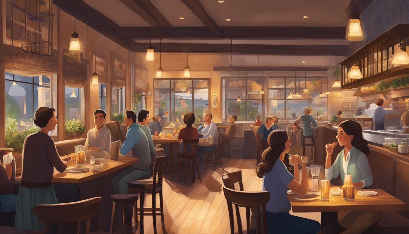 A cozy restaurant scene with dim lighting, elegant table settings, and a bustling open kitchen. Patrons enjoy their meals while a mix of aromas fills the air