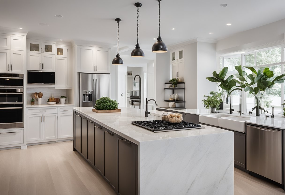 A sleek, minimalist kitchen with high-end appliances, marble countertops, and a large central island. Clean lines, neutral colors, and plenty of natural light create a sophisticated and inviting space