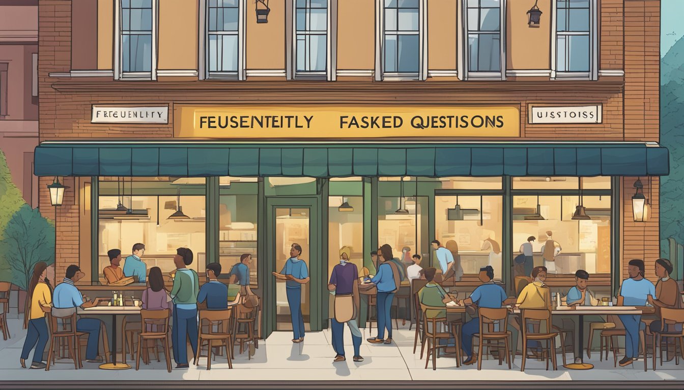 A bustling restaurant with customers at tables, servers moving between them, and a sign reading "Frequently Asked Questions" above the entrance