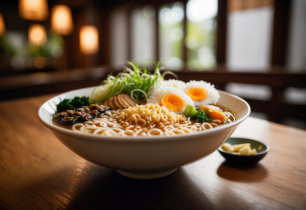 A steaming bowl of ramen sits on a wooden table, surrounded by traditional Japanese decor. The rich broth and fresh toppings create an inviting and authentic dining experience