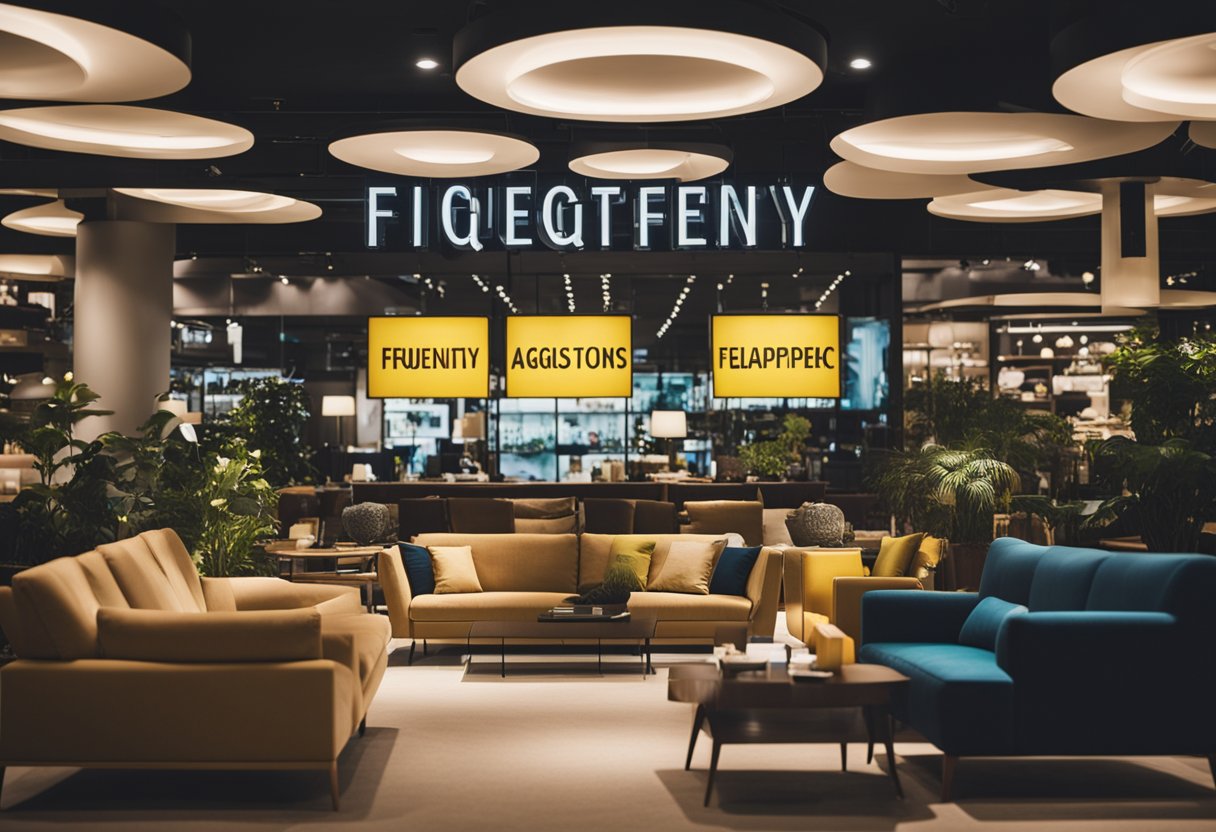 A crowded furniture store with a prominent "Frequently Asked Questions" sign above a display of sofas and tables in Singapore