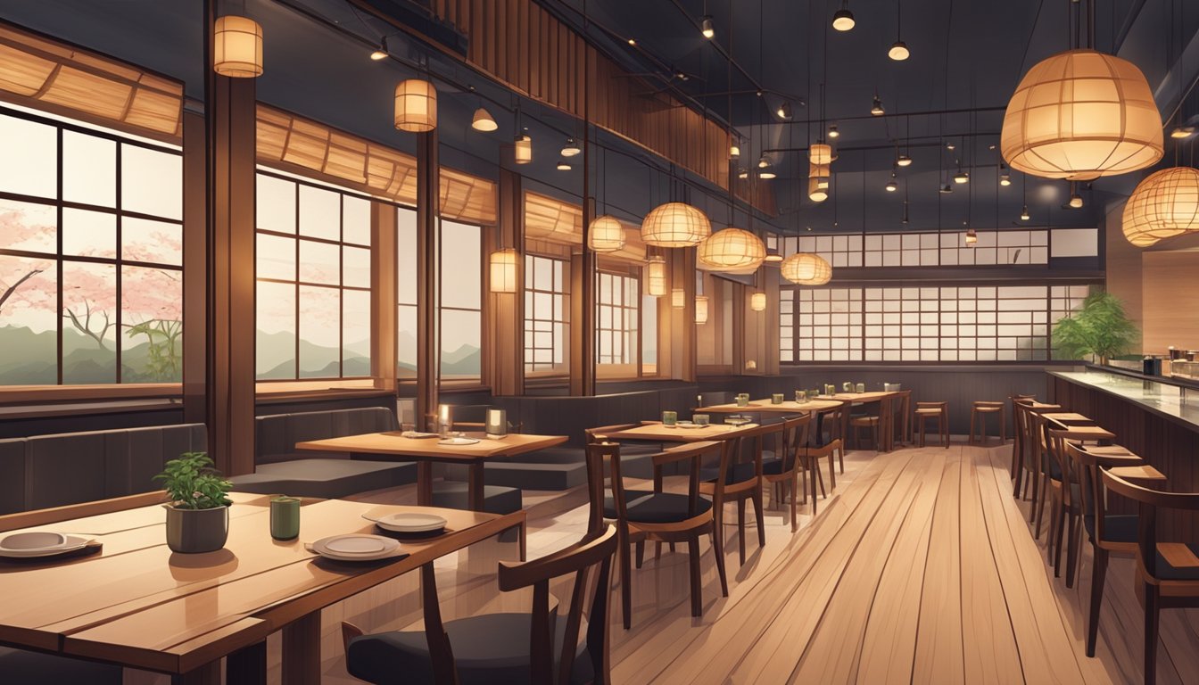 The restaurant is adorned with traditional Japanese decor and soft ambient lighting. Diners enjoy their meals at sleek wooden tables with minimalist tableware