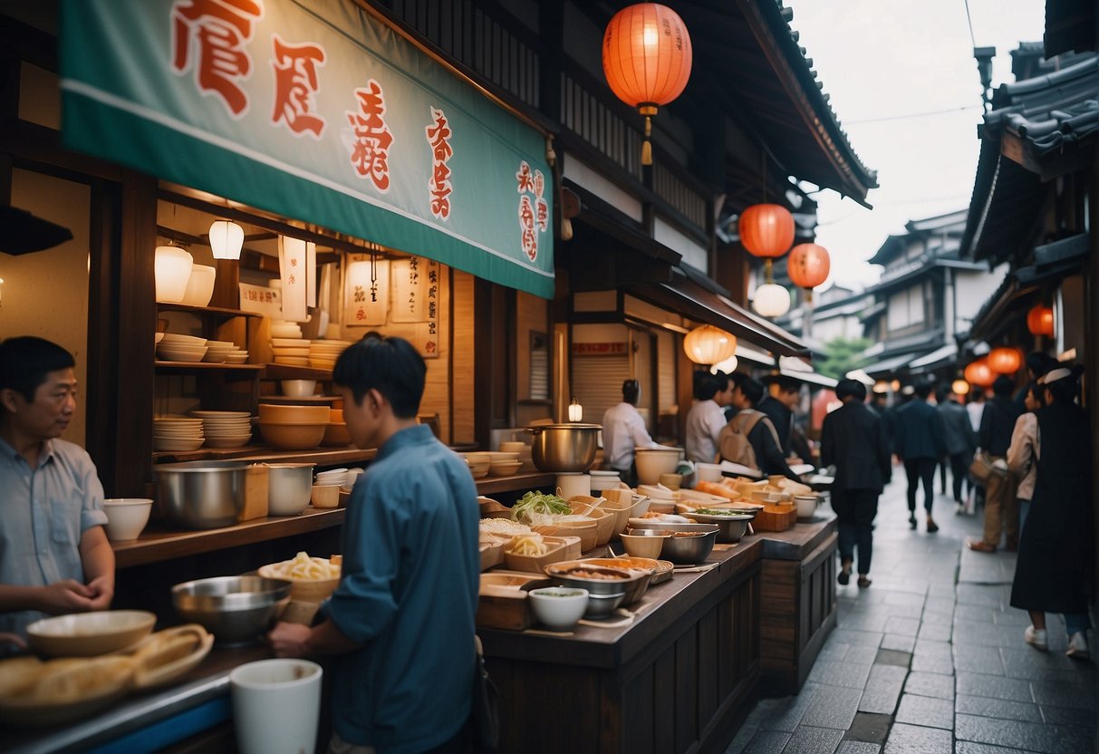 A bustling Kyoto street with colorful ramen shops and steaming bowls of noodles, attracting eager food adventurers