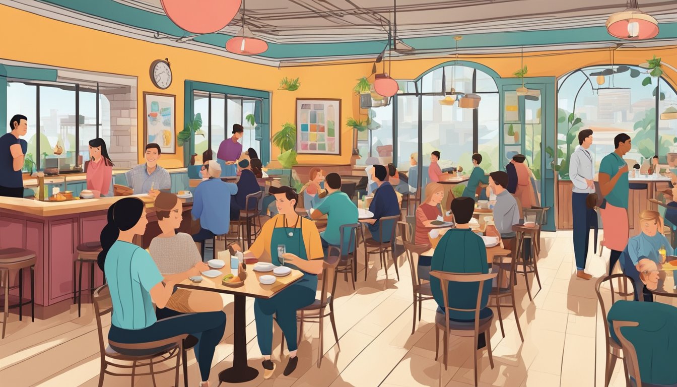 A bustling restaurant with colorful decor, tables filled with satisfied customers, and a friendly staff attending to their needs