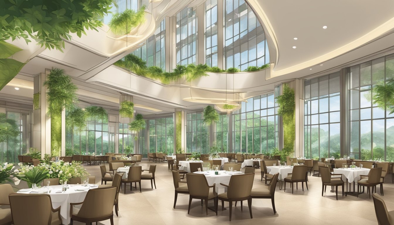 The Holiday Inn Singapore atrium restaurant features a spacious and elegant dining area with high ceilings and lush greenery, creating a vibrant and inviting atmosphere
