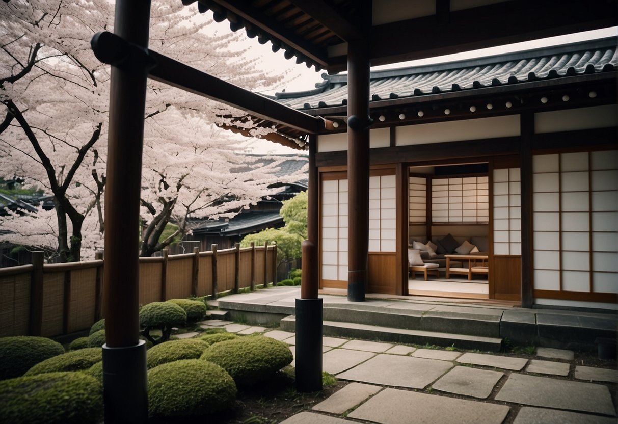 A traditional Japanese ryokan nestled among cherry blossoms and bamboo groves in the historic Gion district of Kyoto