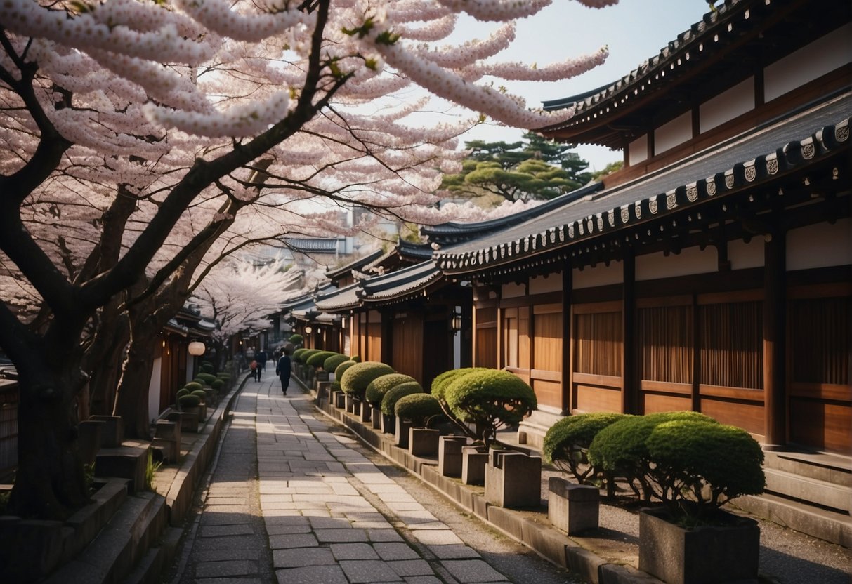 Central Kyoto: Ancient temples, narrow streets, and traditional wooden houses. Cherry blossom trees line the historic district, creating a picturesque scene