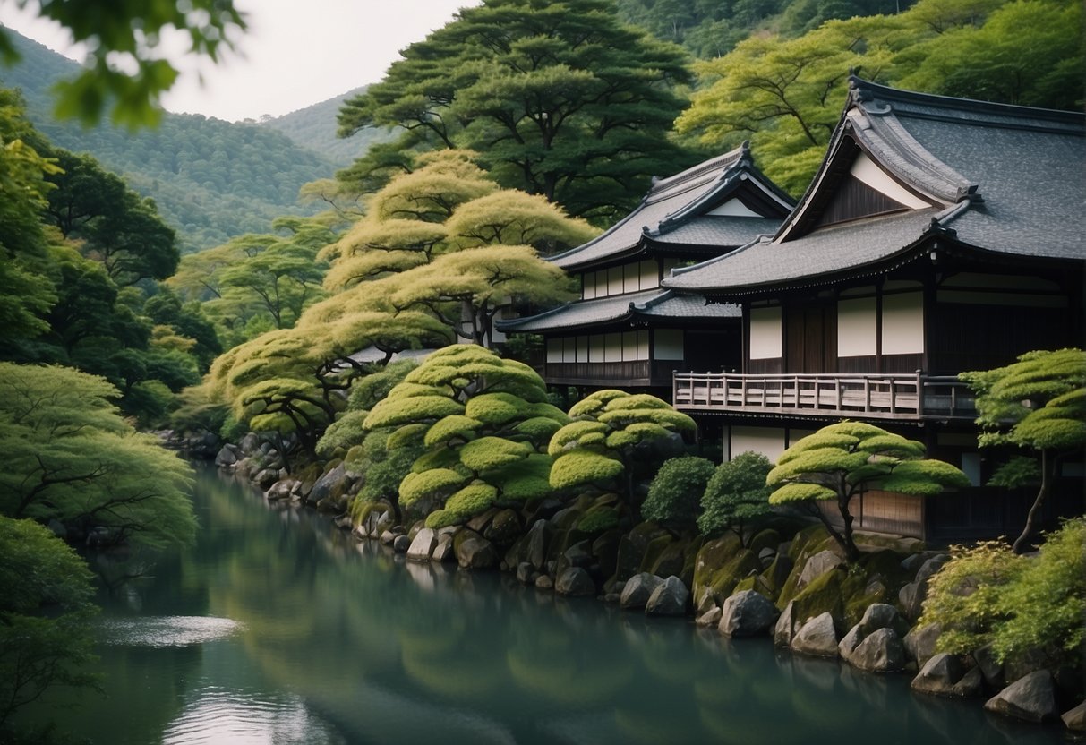 Lush greenery surrounds a tranquil river, with traditional Japanese buildings nestled among the trees. The serene atmosphere of Arashiyama makes it the perfect location to stay in Kyoto