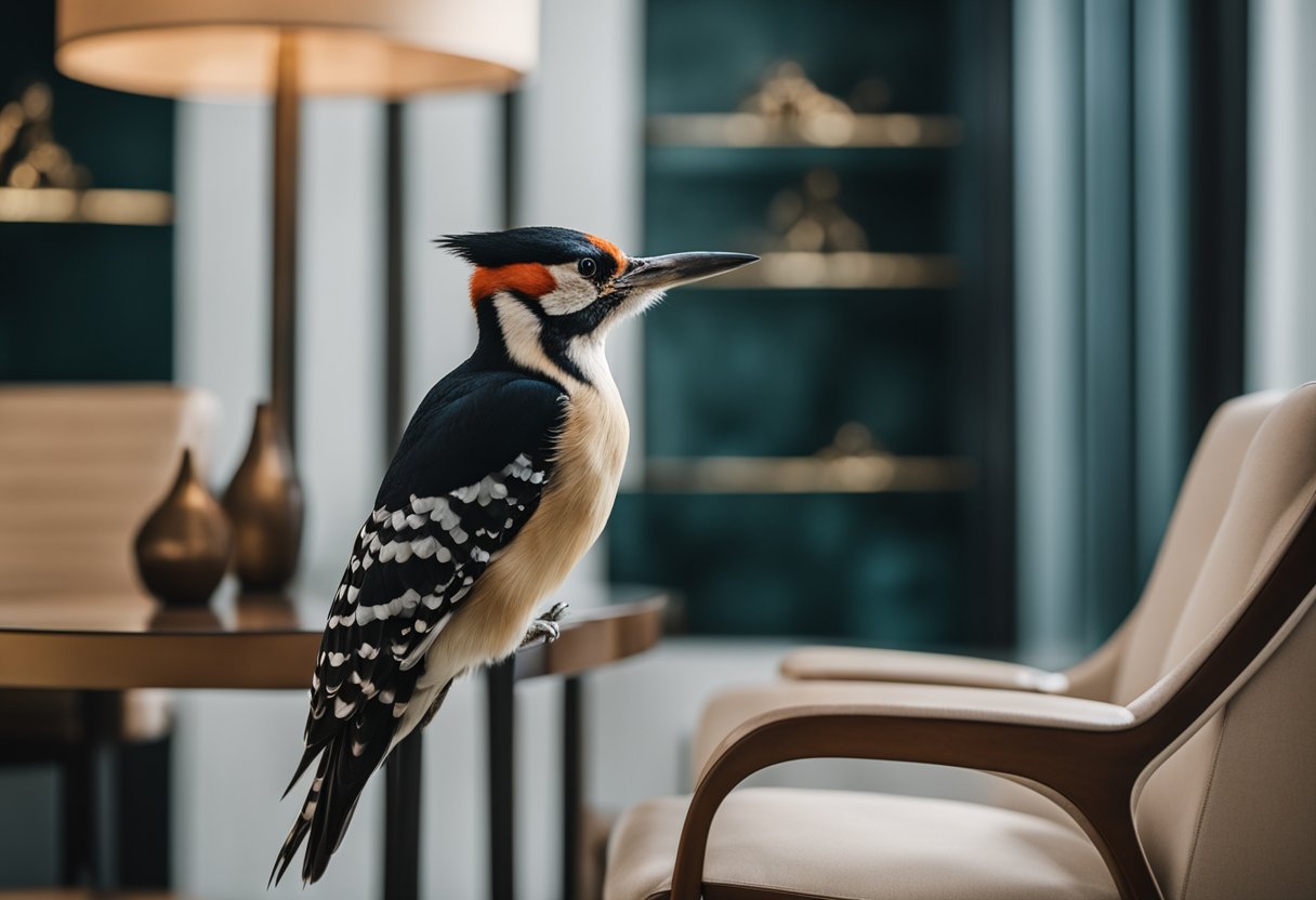 A woodpecker perches on a sleek, modern chair in a well-lit room, surrounded by stylish furniture and decor from Woodpecker Furniture Singapore