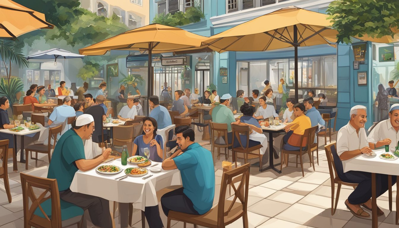 An Israeli restaurant in Singapore, bustling with diners enjoying traditional dishes and lively music