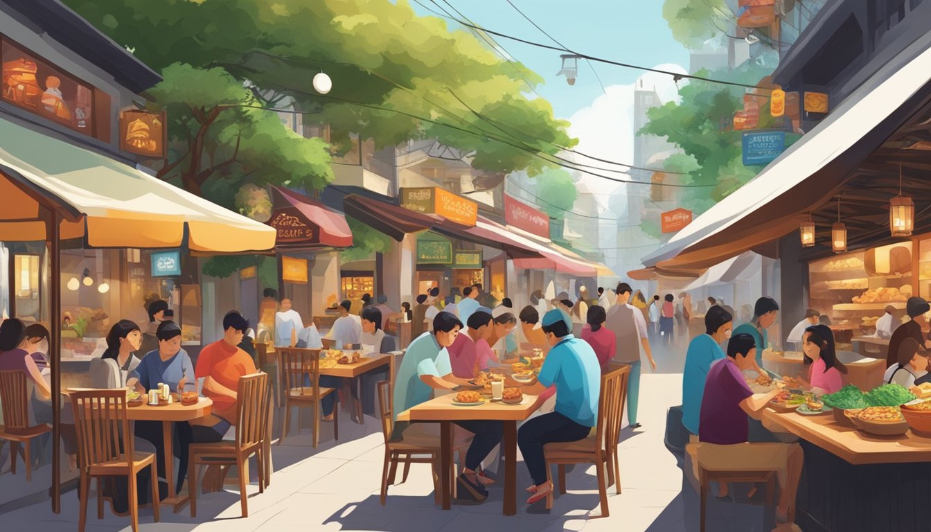 A bustling street lined with colorful restaurants and food stalls, emitting tantalizing aromas of exotic spices and sizzling meats. Tables filled with patrons enjoying a variety of culinary delights from Bugis's best eateries