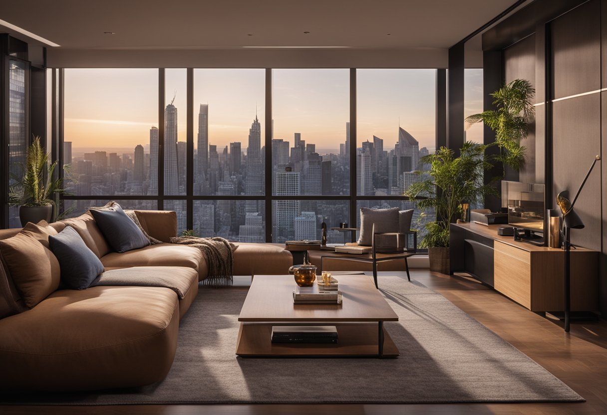A cozy living room with modern woodpecker furniture, warm lighting, and a view of the city skyline