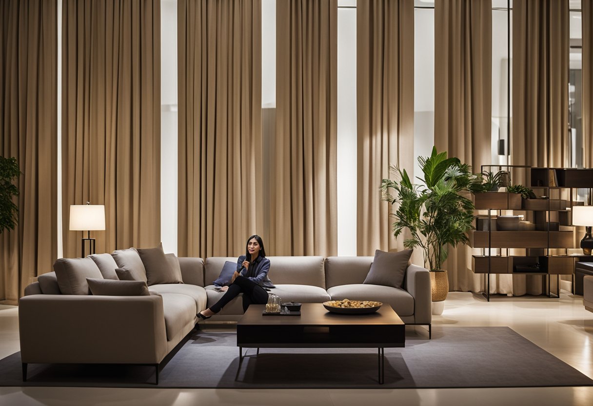 A customer admires a sleek, modern sofa at Woodpecker Furniture showroom in Singapore. The warm lighting highlights the clean lines and luxurious fabric, creating a welcoming and elegant atmosphere