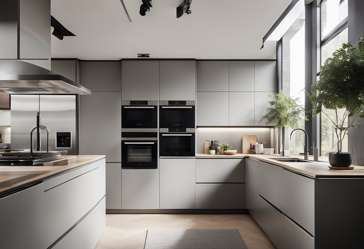 A sleek, minimalist kitchen with state-of-the-art appliances, clean lines, and a monochromatic color scheme. The space is flooded with natural light, showcasing the high-end materials and sleek finishes