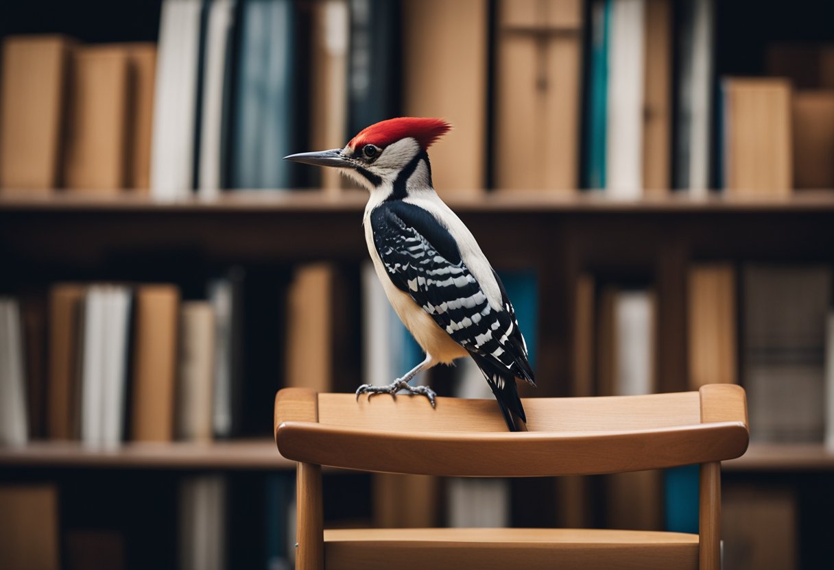 A woodpecker perches on a sturdy oak chair, surrounded by a stack of neatly arranged furniture catalogues. The bird's vibrant plumage contrasts with the sleek, modern designs