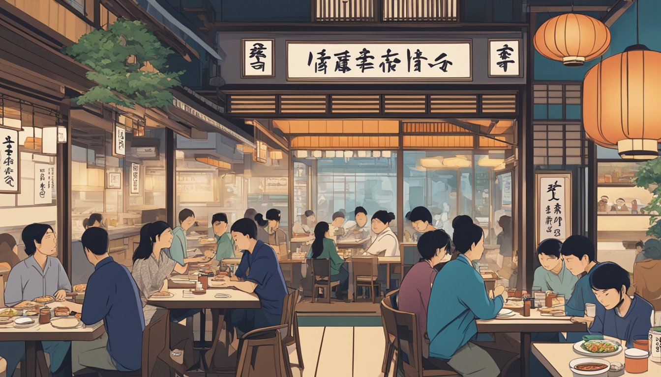 A bustling Japanese restaurant in Singapore, with customers enjoying sushi and ramen. A sign reads "Frequently Asked Questions" in bold letters