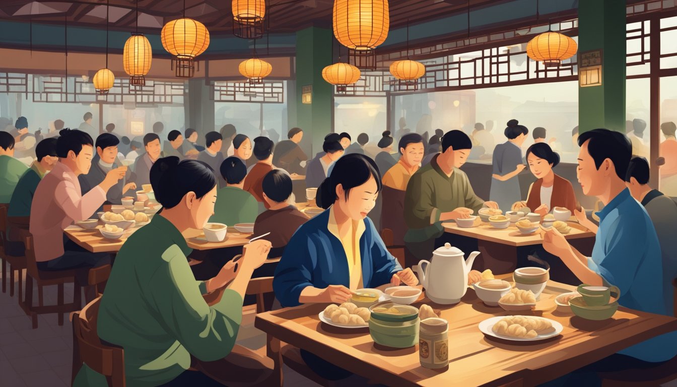 Customers savoring steaming baskets of dumplings and sipping tea in a bustling dim sum restaurant