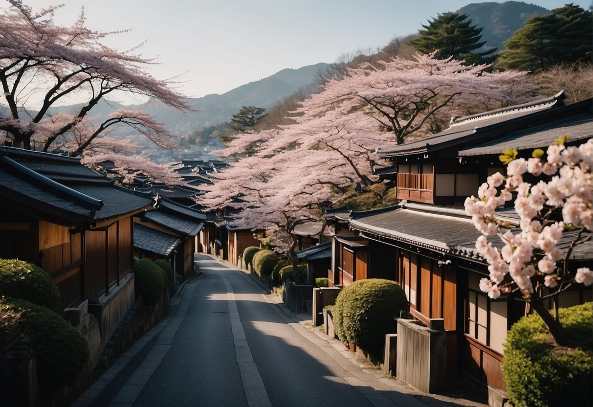 A serene Kyoto neighborhood with traditional wooden houses, winding narrow streets, and vibrant cherry blossom trees