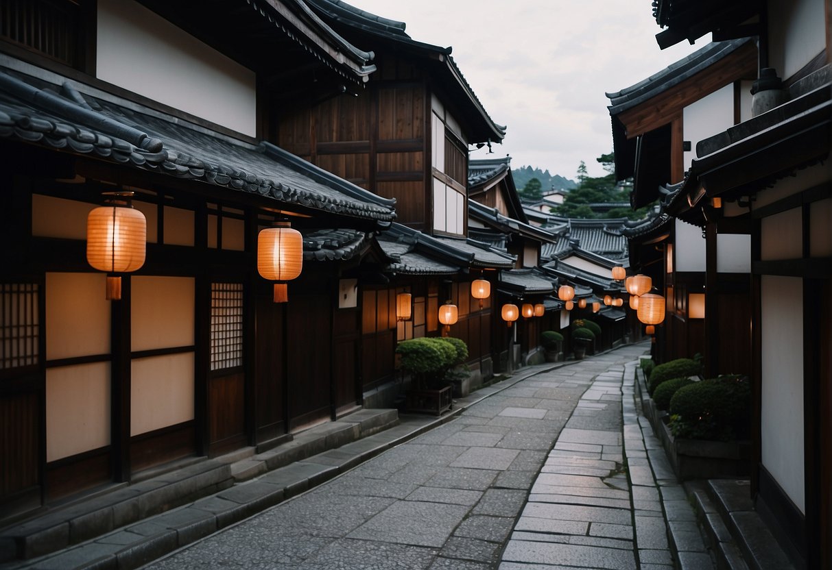 The bustling streets of Gion, with traditional wooden houses and lantern-lit alleys, surrounded by the serene beauty of Higashiyama's historic temples and gardens