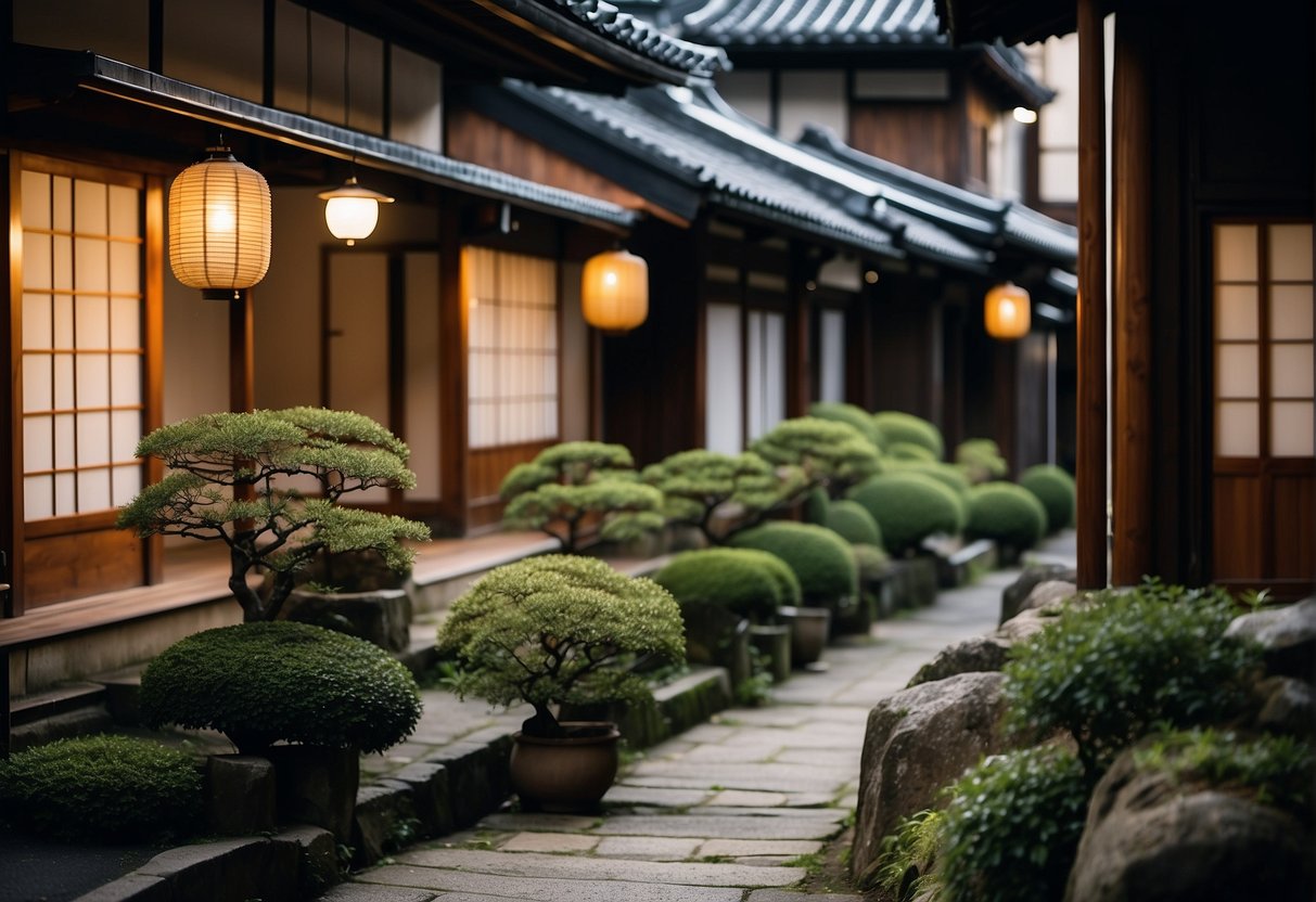 Various accommodation types in Kyoto's best neighborhood: traditional ryokans, modern hotels, and cozy guesthouses nestled among historic streets and serene gardens