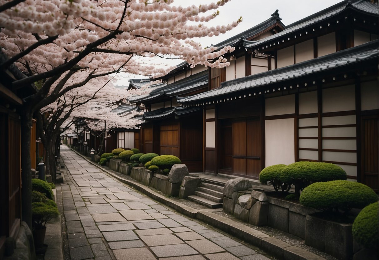 A traditional Kyoto neighborhood with narrow streets, wooden machiya houses, and blooming cherry blossoms. Temples and shrines dot the area, creating a serene and picturesque atmosphere