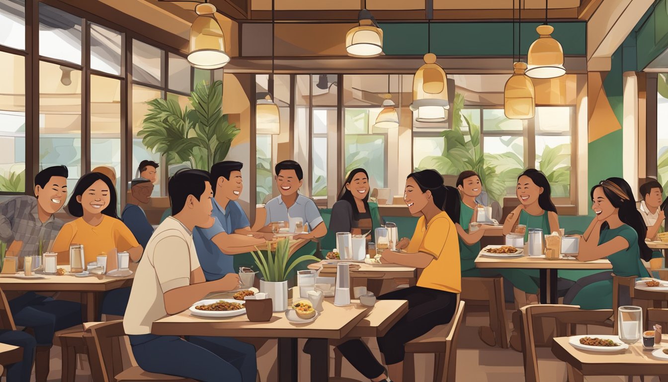 A bustling restaurant with modern Filipino decor, filled with the aroma of sizzling sisig and the sound of laughter and clinking glasses