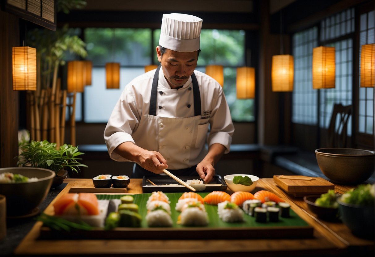 A chef expertly prepares fresh sushi at a traditional Kyoto restaurant, surrounded by bamboo and paper lanterns