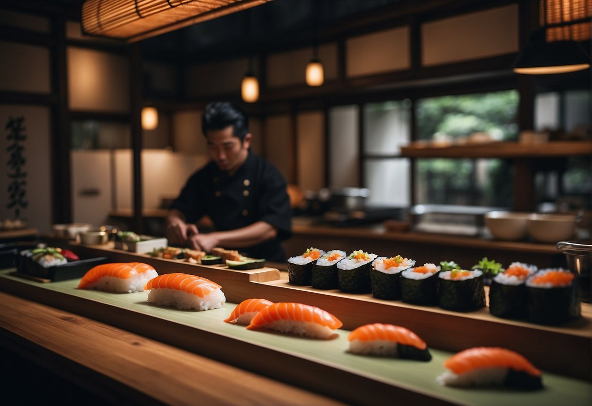 A traditional sushi bar in Kyoto, with a minimalist interior and a chef carefully crafting nigiri and maki rolls behind the counter