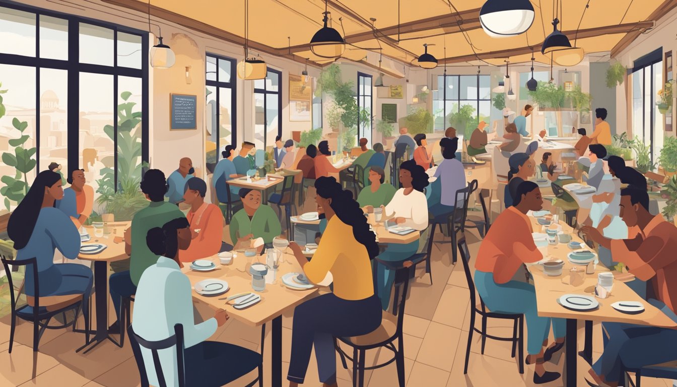 A bustling restaurant with long communal tables filled with happy, chatty diners. A sign reads "Frequently Asked Questions" about affordable group dining